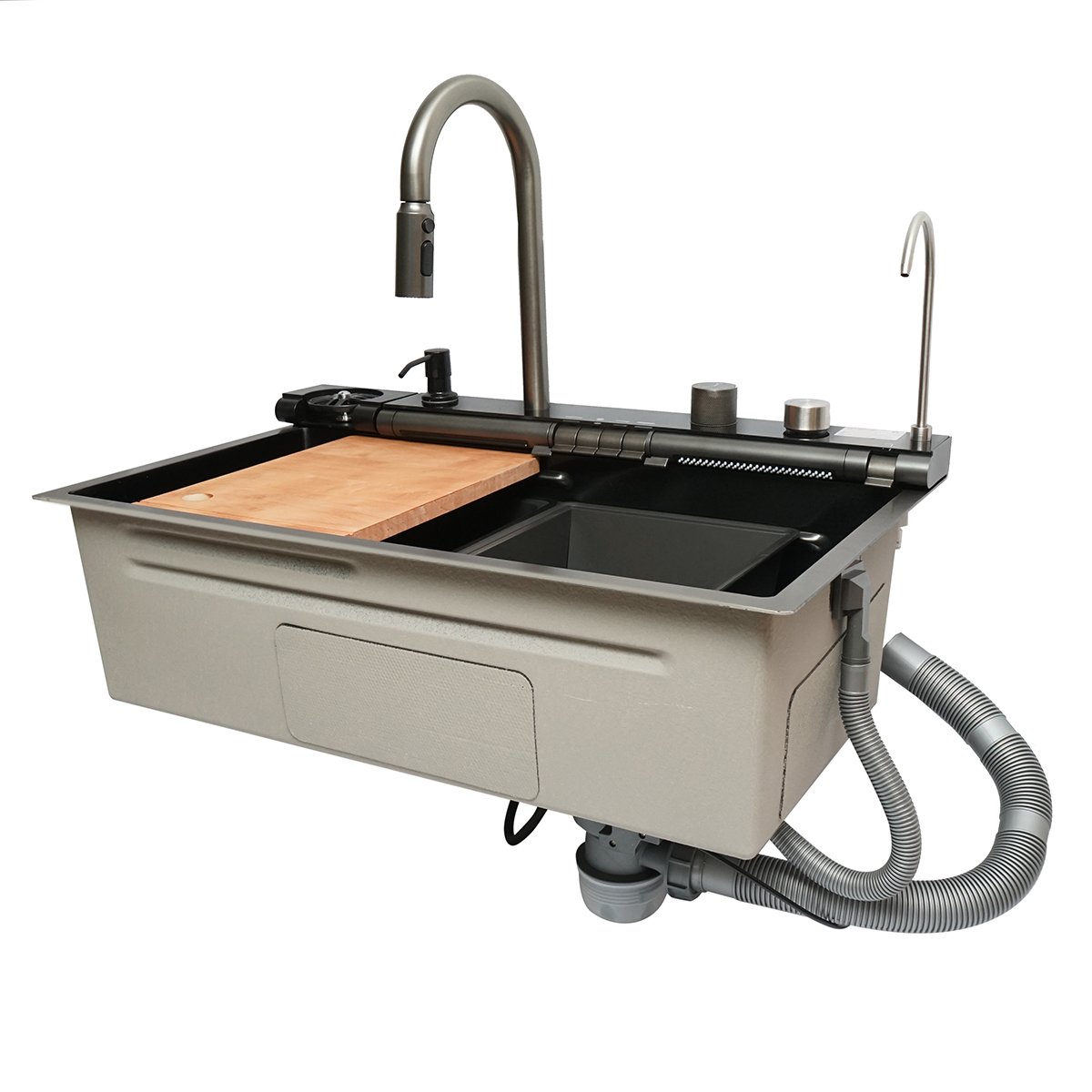 Chiuveta bucatarie multifunctionala cu doua baterii, otel inoxidabil cu afisaj digital temperatura, doua cascade, spalator pahare, scurgator, tava, tocator si accesorii incluse, dimensiune 75x46x22cm